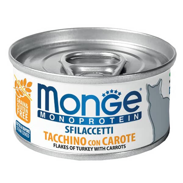 MONGE CAT MONOPROTEIN FLAKES TURKEY konservi kaķiem Tītars, burkāni 80g